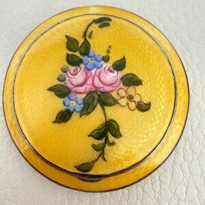 VINTAGE RAC GUILLOCHE ENAMEL FLORAL MOTIF CIRCULAR POWDER COMPACT BOX YELLOW